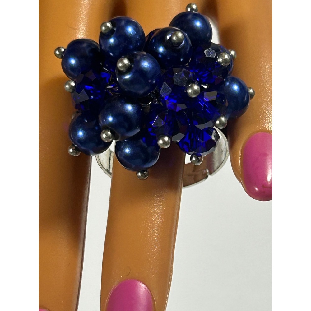 Royal Blue Pearl Crystal Cluster Statement Ring Adjustable Y2K Coquette Cocktail
